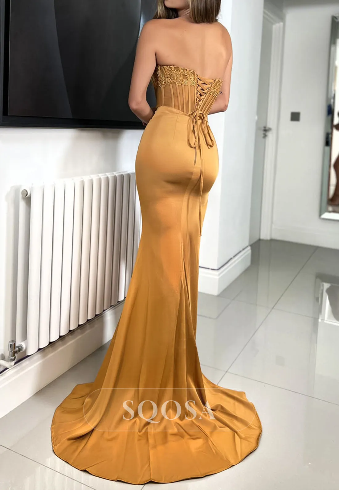 Trumpet Strapless Appliques Illusion Empire With Side Slit Party Prom Evening Dress QP3552