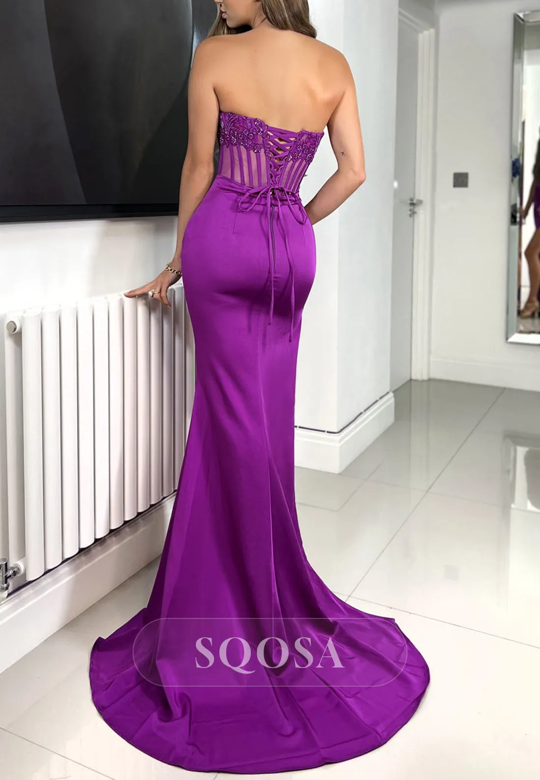 Trumpet Strapless Appliques Illusion Empire With Side Slit Party Prom Evening Dress QP3552