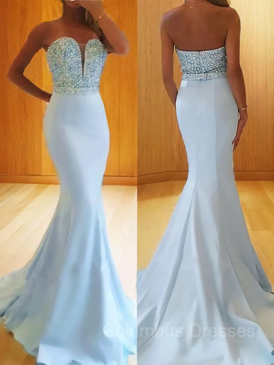 Trumpet/Mermaid Sweetheart Sweep Train Satin Prom Dresses With Beading