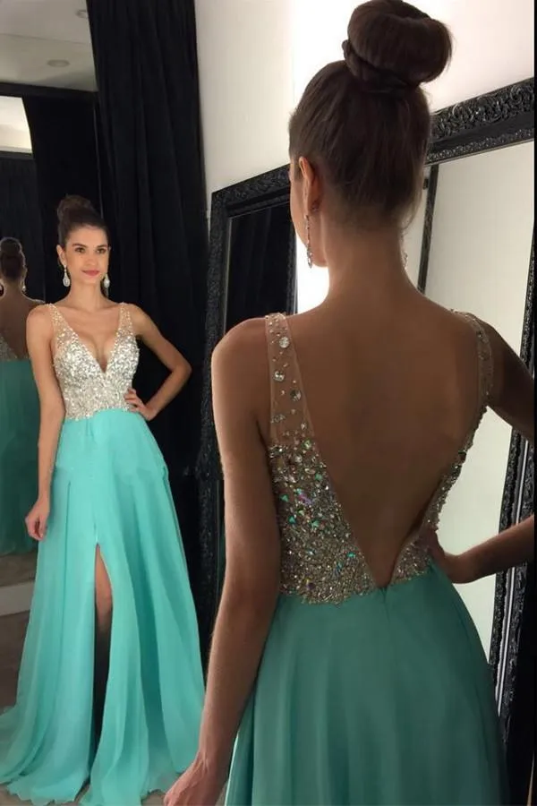 Turquoise Dazzling Beading Side Slit Prom Dress  A-line Graduation Dress,GDC1223