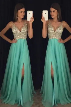 Turquoise Dazzling Beading Side Slit Prom Dress  A-line Graduation Dress,GDC1223