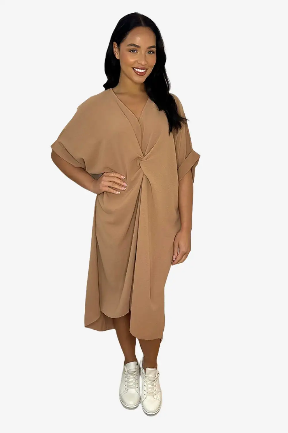 Twist Front Plunge Neckline Relaxed Fit Dress