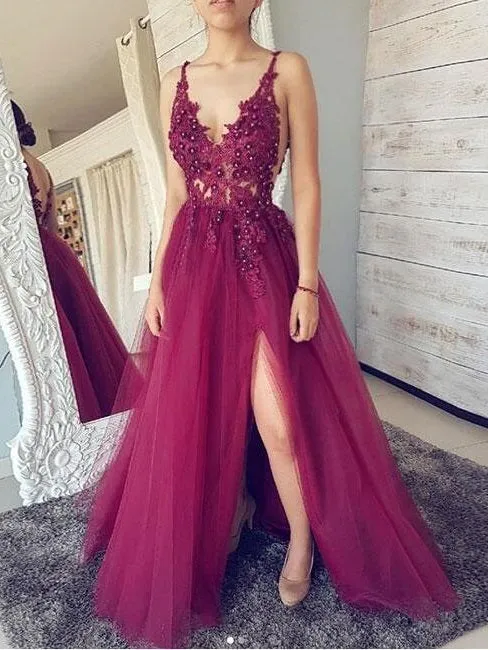 Unique Burgundy Maroon Customized See Through Plunge V neck Slit Tulle Prom Dress