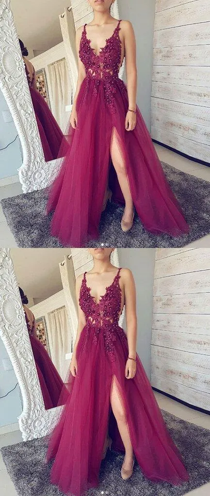 Unique Burgundy Maroon Customized See Through Plunge V neck Slit Tulle Prom Dress