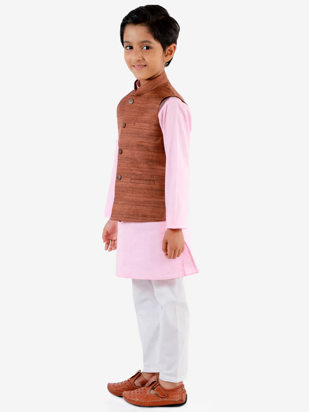 VASTRAMAY Boys Coffee Brown, Pink And White Jacket, Kurta and Pyjama Set