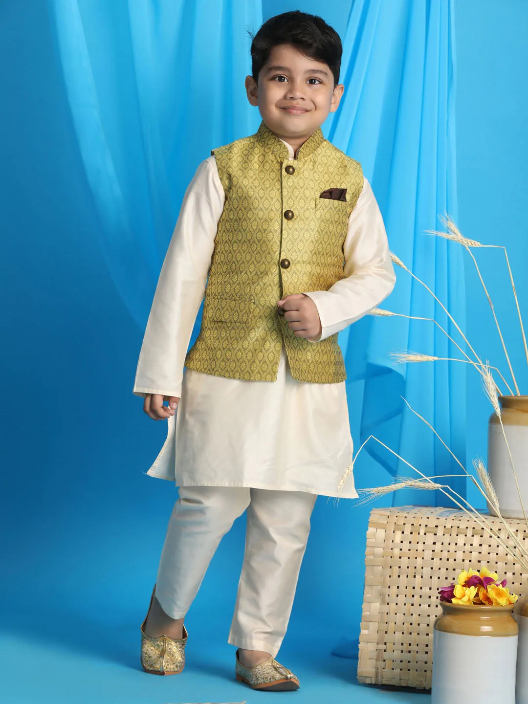 VASTRAMAY Boy's Yellow Woven Jacket With Cream Kurta and Pyjama Set