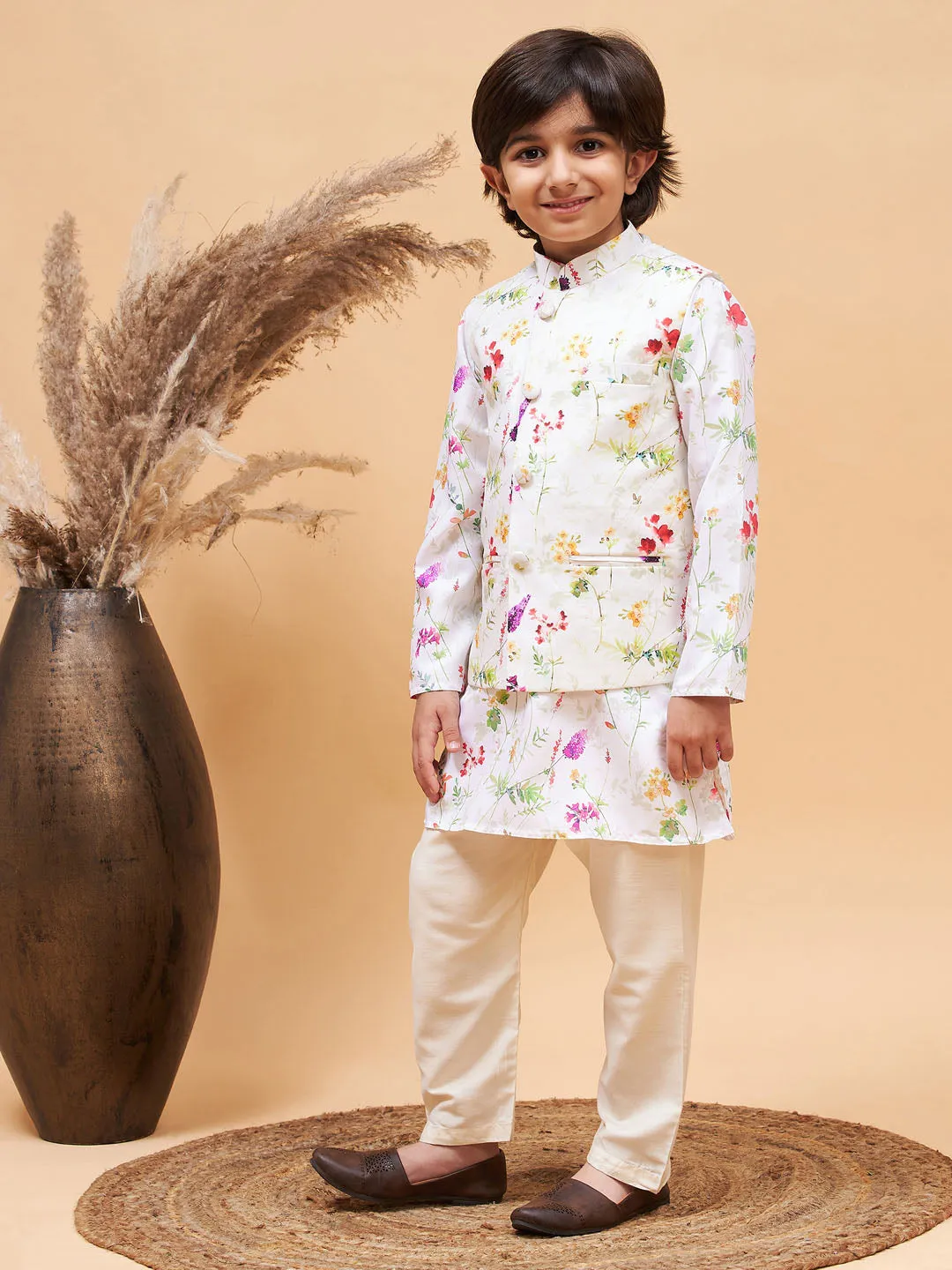 VASTRAMAY Cream Printed Nehru Jacket And Multicolor-base Printed Kurta With Cream Pyjama Set