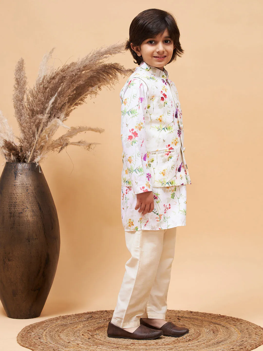 VASTRAMAY Cream Printed Nehru Jacket And Multicolor-base Printed Kurta With Cream Pyjama Set