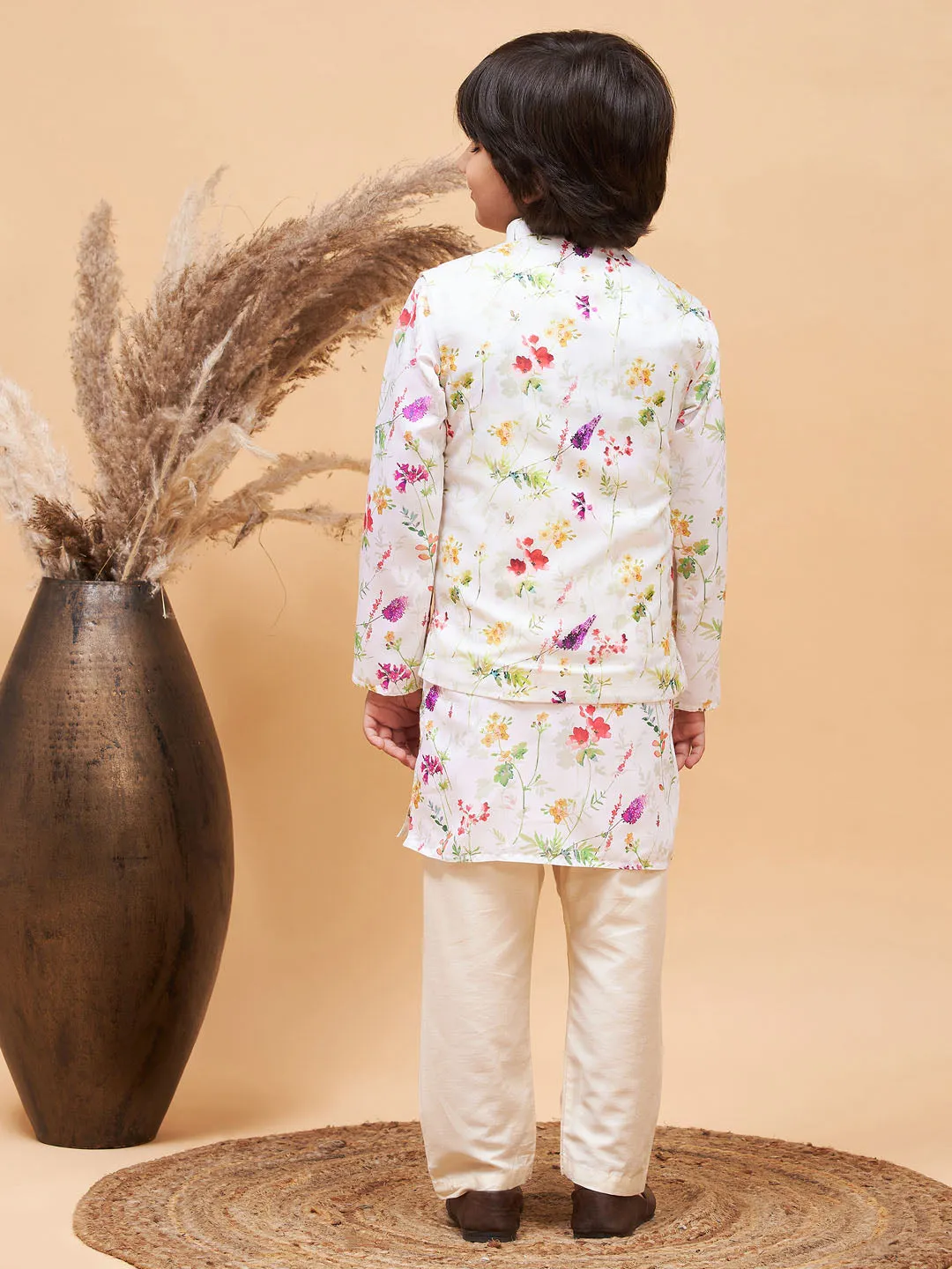 VASTRAMAY Cream Printed Nehru Jacket And Multicolor-base Printed Kurta With Cream Pyjama Set