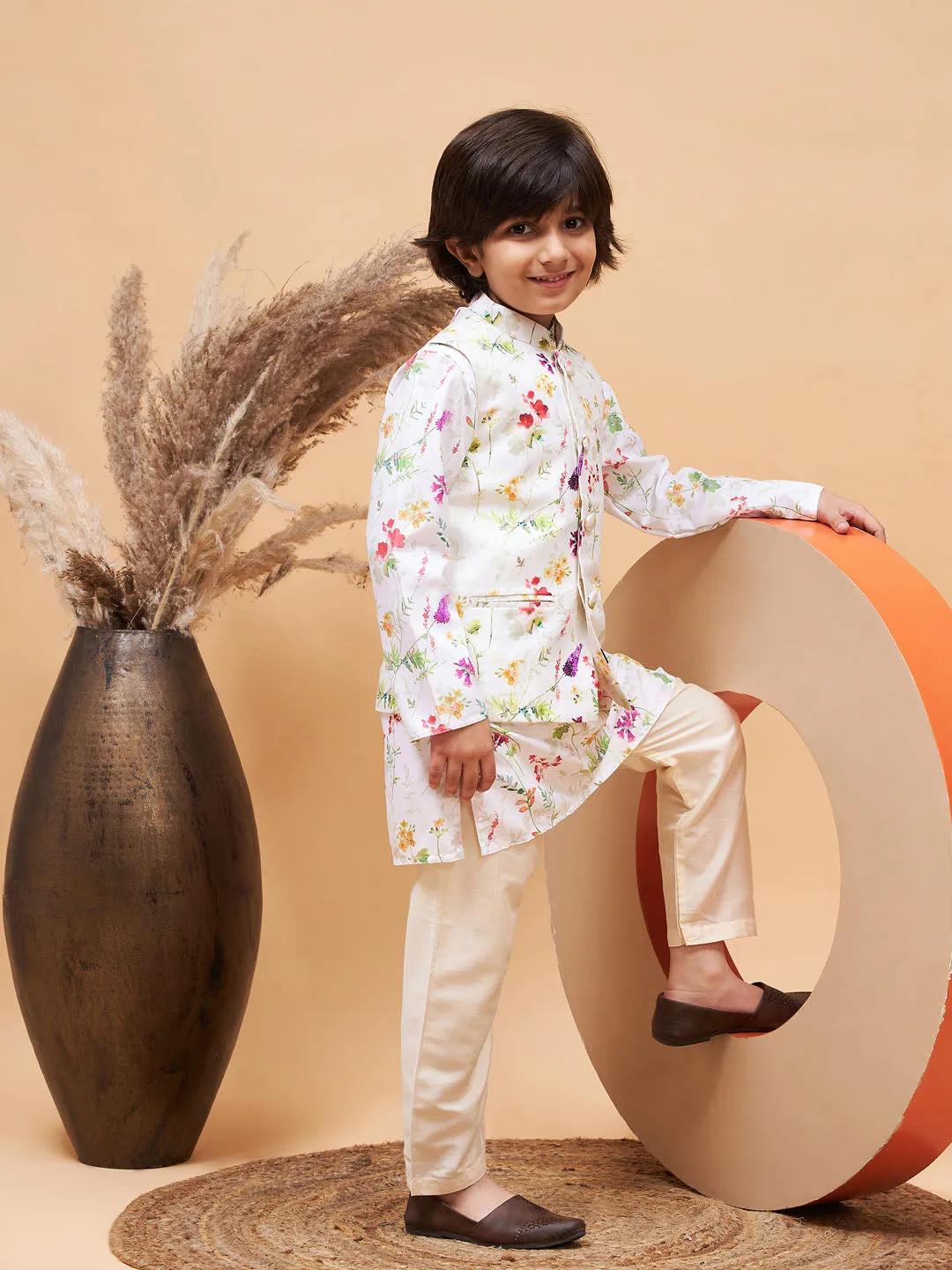 VASTRAMAY Cream Printed Nehru Jacket And Multicolor-base Printed Kurta With Cream Pyjama Set