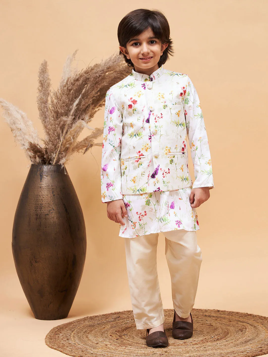 VASTRAMAY Cream Printed Nehru Jacket And Multicolor-base Printed Kurta With Cream Pyjama Set