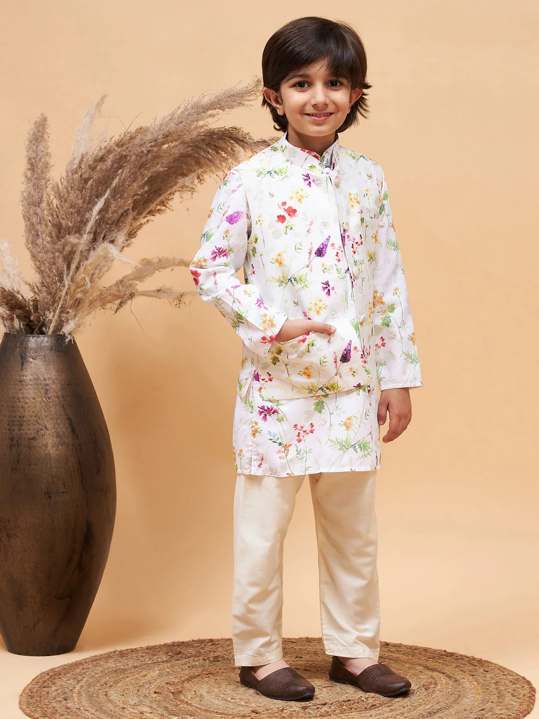 VASTRAMAY Cream Printed Nehru Jacket And Multicolor-base Printed Kurta With Cream Pyjama Set