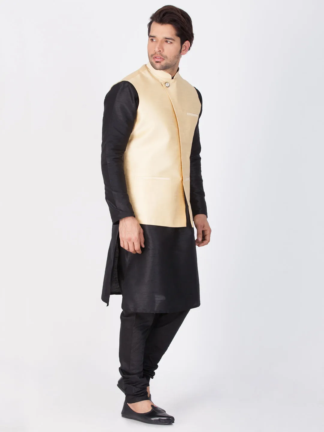 VASTRAMAY Men's Black Cotton Silk Blend Kurta, Ethnic Jacket and Pyjama Set