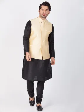 VASTRAMAY Men's Black Cotton Silk Blend Kurta, Ethnic Jacket and Pyjama Set