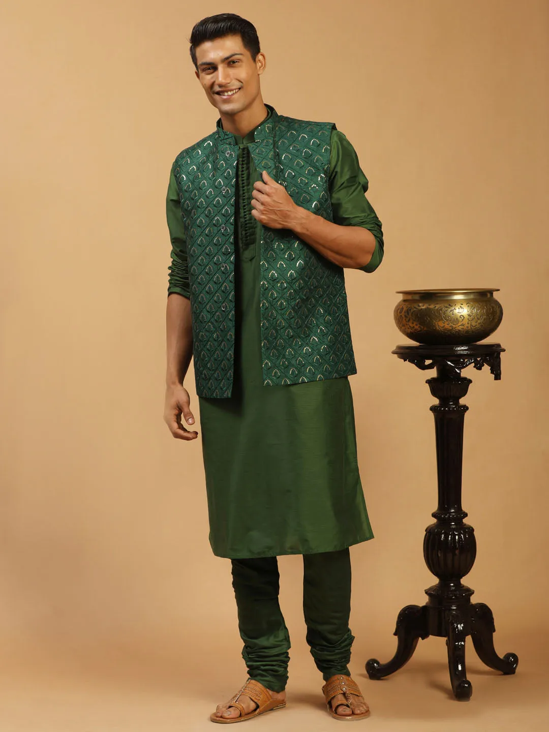 Vastramay Men's Green Embellished Jacket And Green Kurta Churidar Set