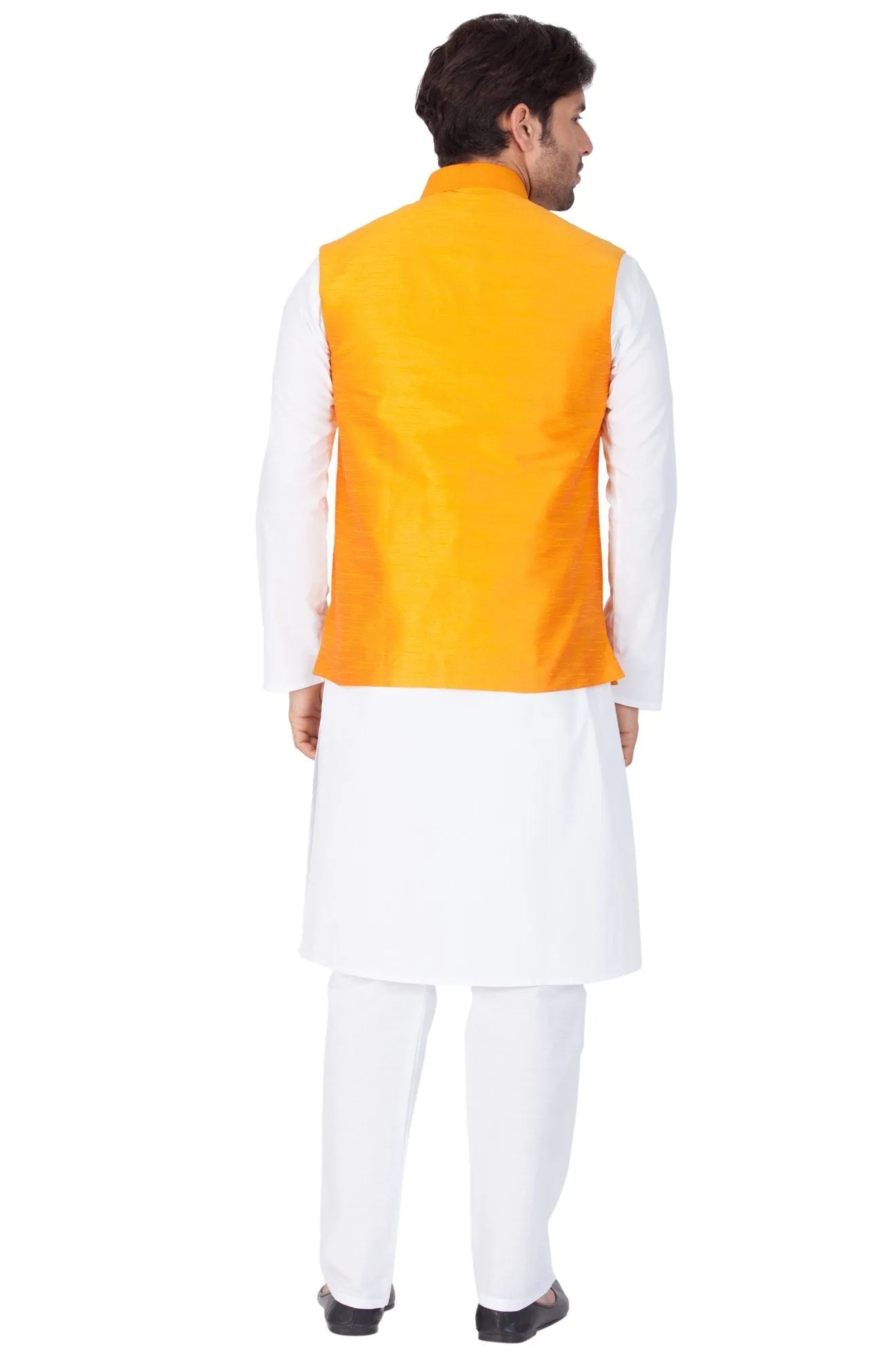 VASTRAMAY Men's White Cotton Kurta, Ethnic Jacket and Pyjama Set