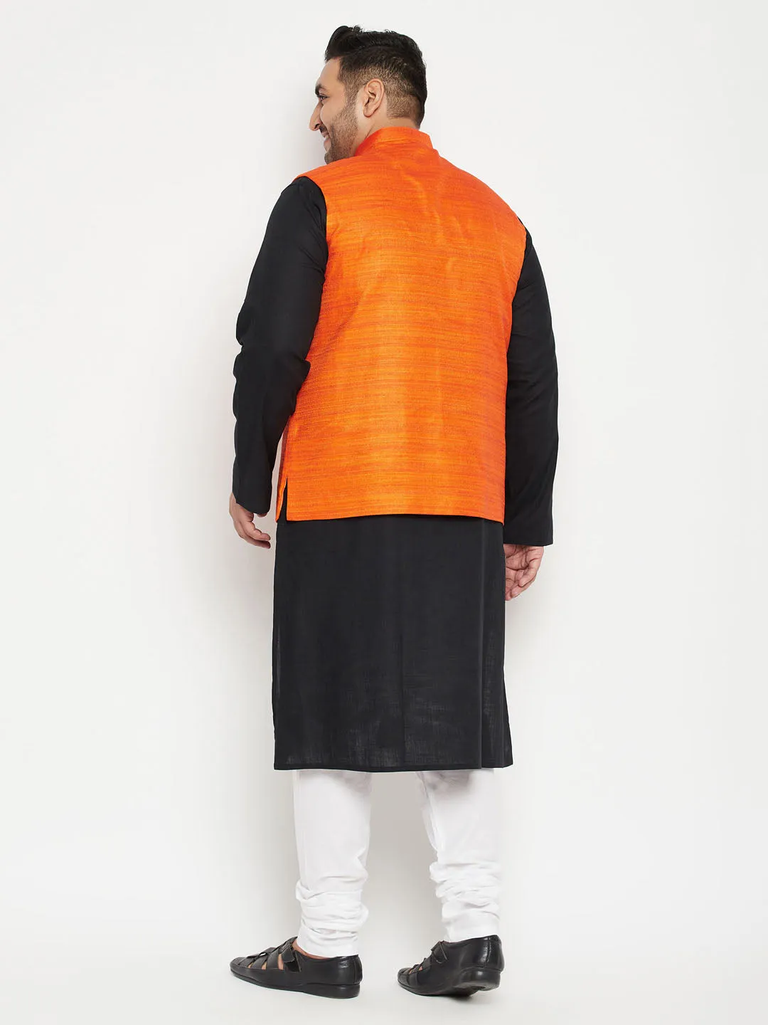 VASTRAMAY PLUS Men's Black And White Pyjama Set With Orange Nehru Jacket Set