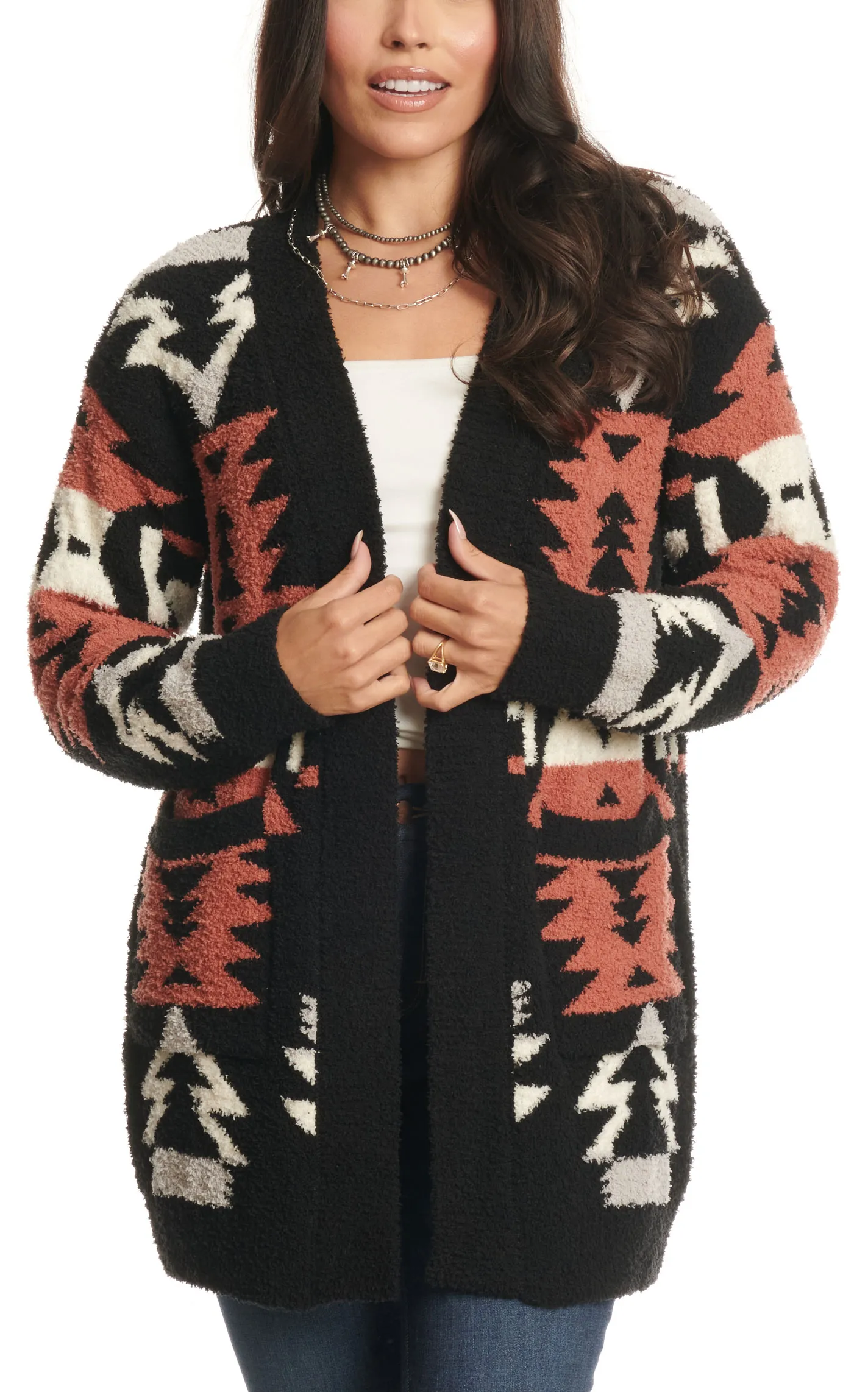 Venario Women's Black & Cinnamon Aztec Print Soft Cardigan