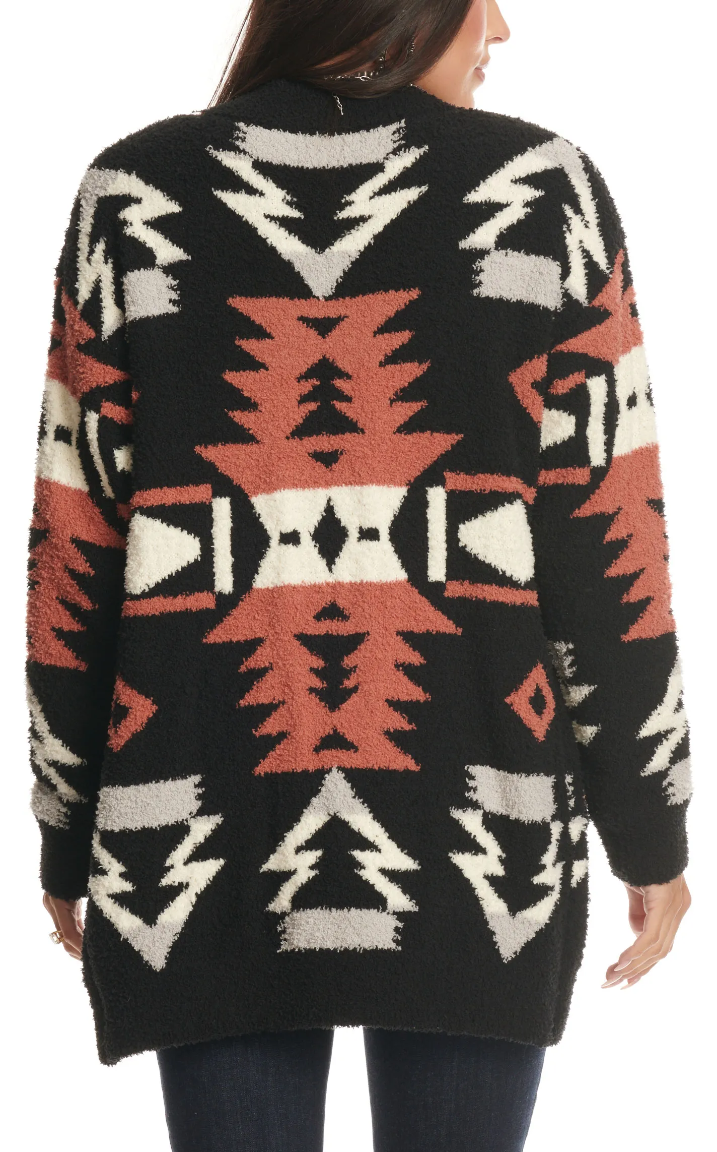 Venario Women's Black & Cinnamon Aztec Print Soft Cardigan