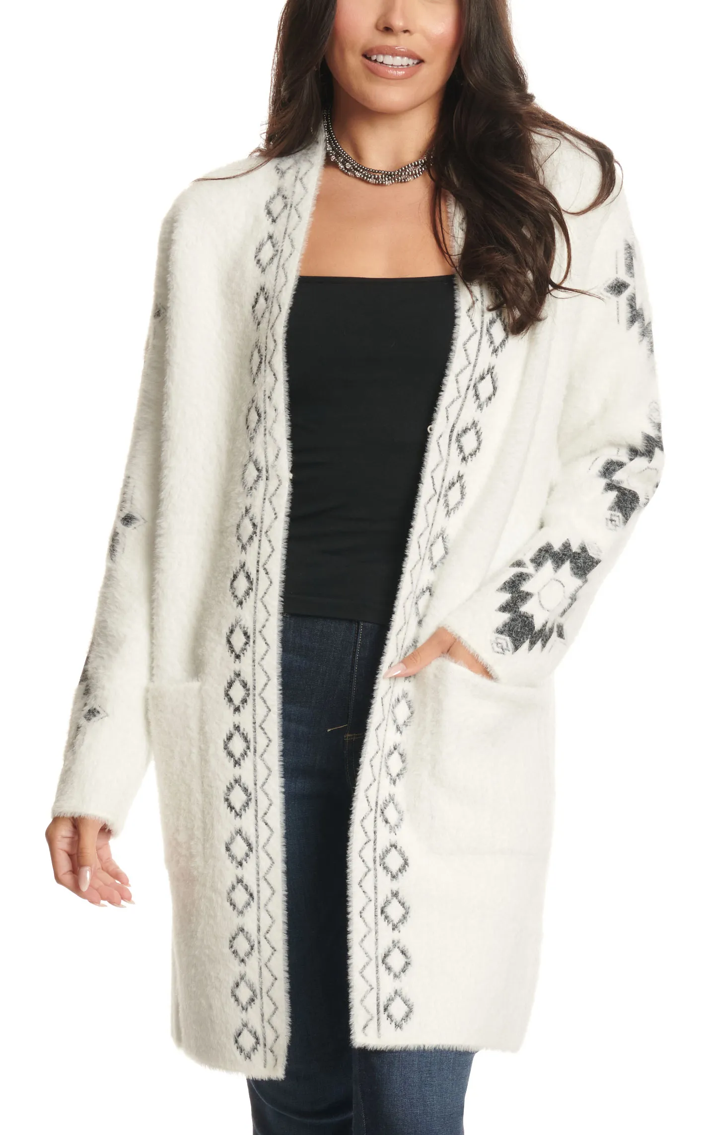 Venario Women's White & Black Aztec Print Soft Cardigan