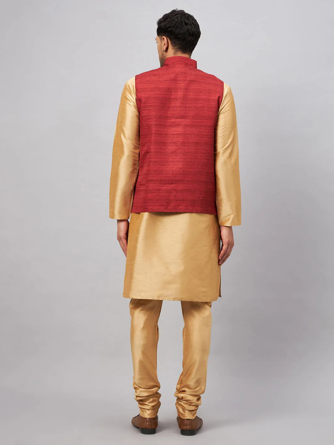 VM BY VASTRAMAY Men's Maroon Jacket With Rose Gold Kurta And Pyjama Set