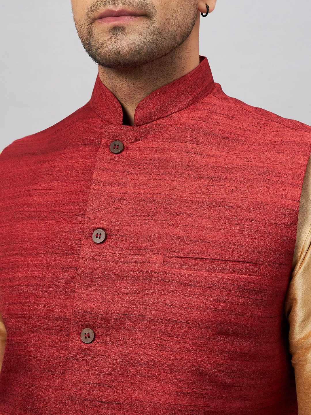 VM BY VASTRAMAY Men's Maroon Jacket With Rose Gold Kurta And Pyjama Set