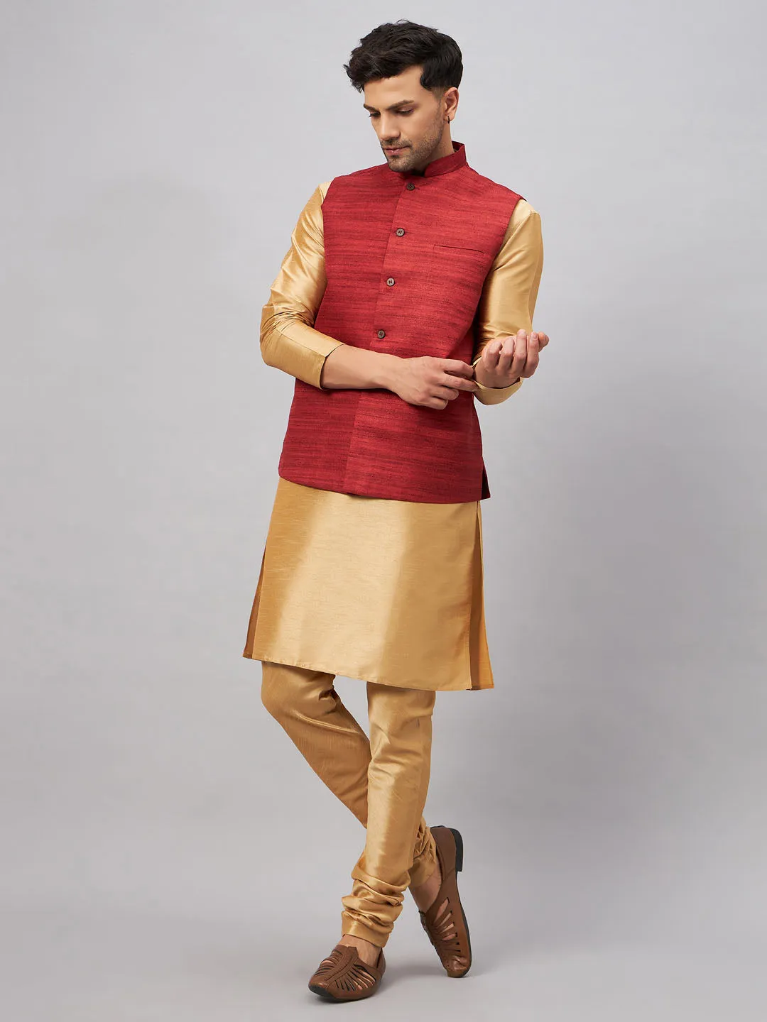 VM BY VASTRAMAY Men's Maroon Jacket With Rose Gold Kurta And Pyjama Set