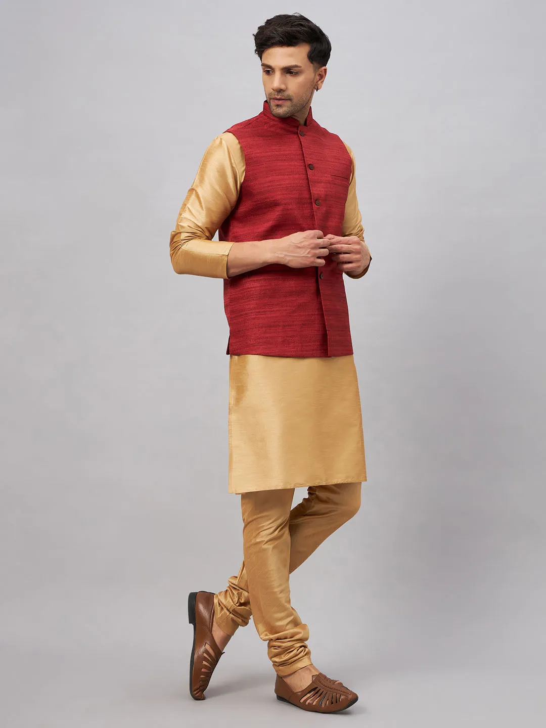 VM BY VASTRAMAY Men's Maroon Jacket With Rose Gold Kurta And Pyjama Set