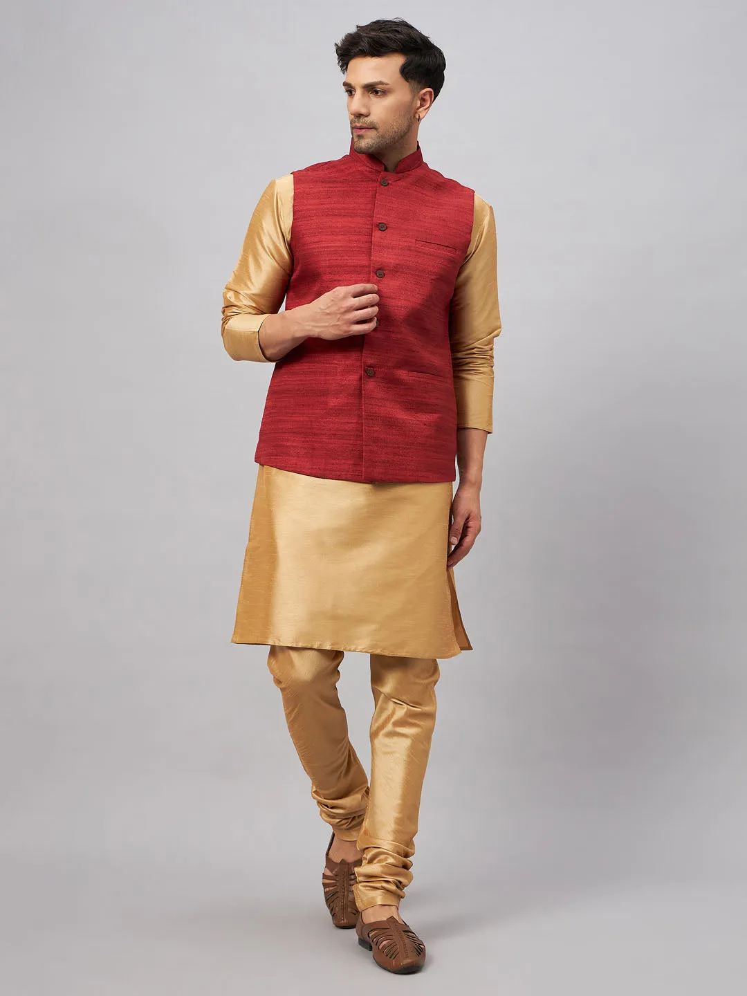 VM BY VASTRAMAY Men's Maroon Jacket With Rose Gold Kurta And Pyjama Set