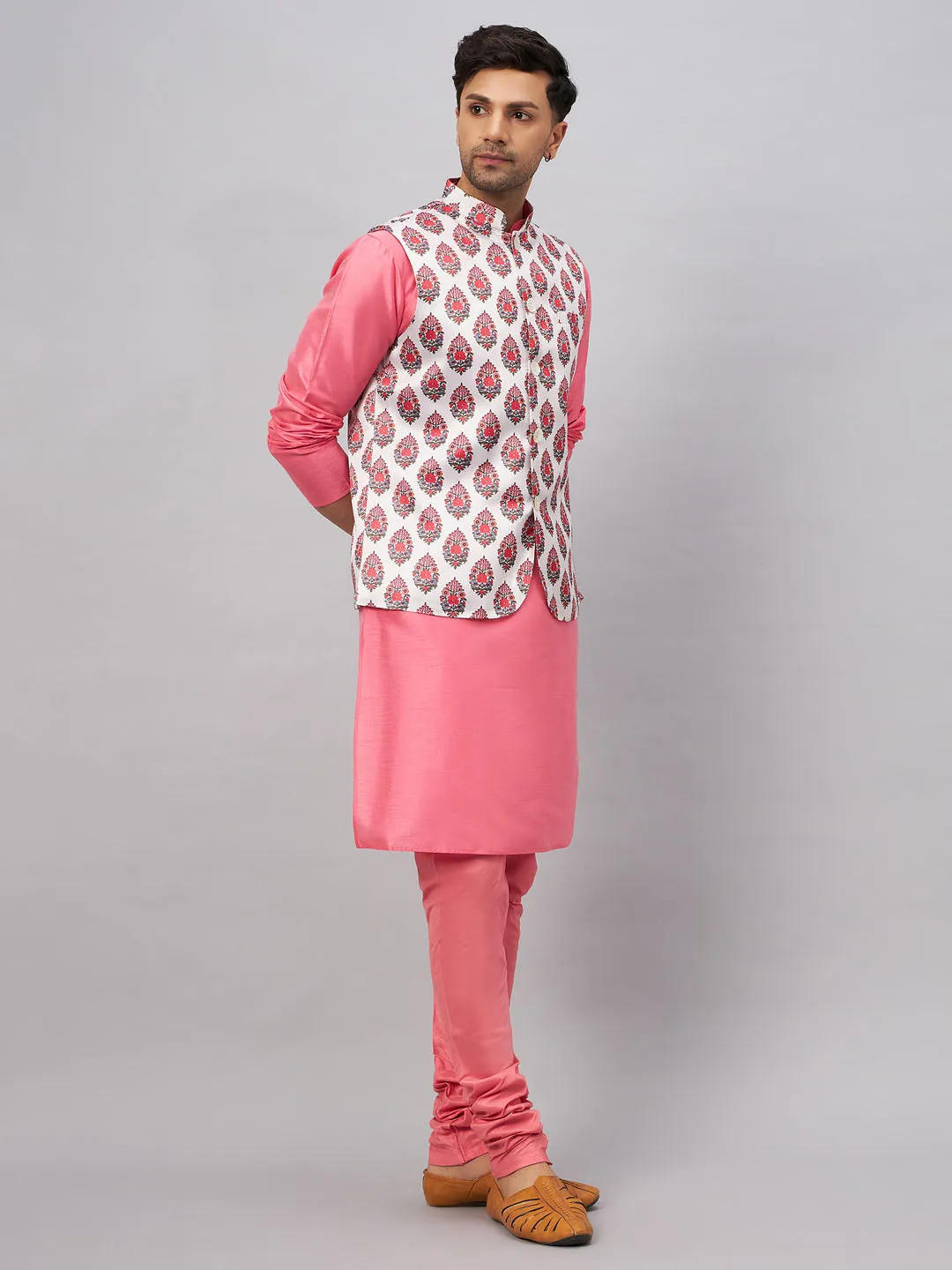 VM BY VASTRAMAY Men's Multicolor Printed Jacket With Pink Kurta And Pyjama Set