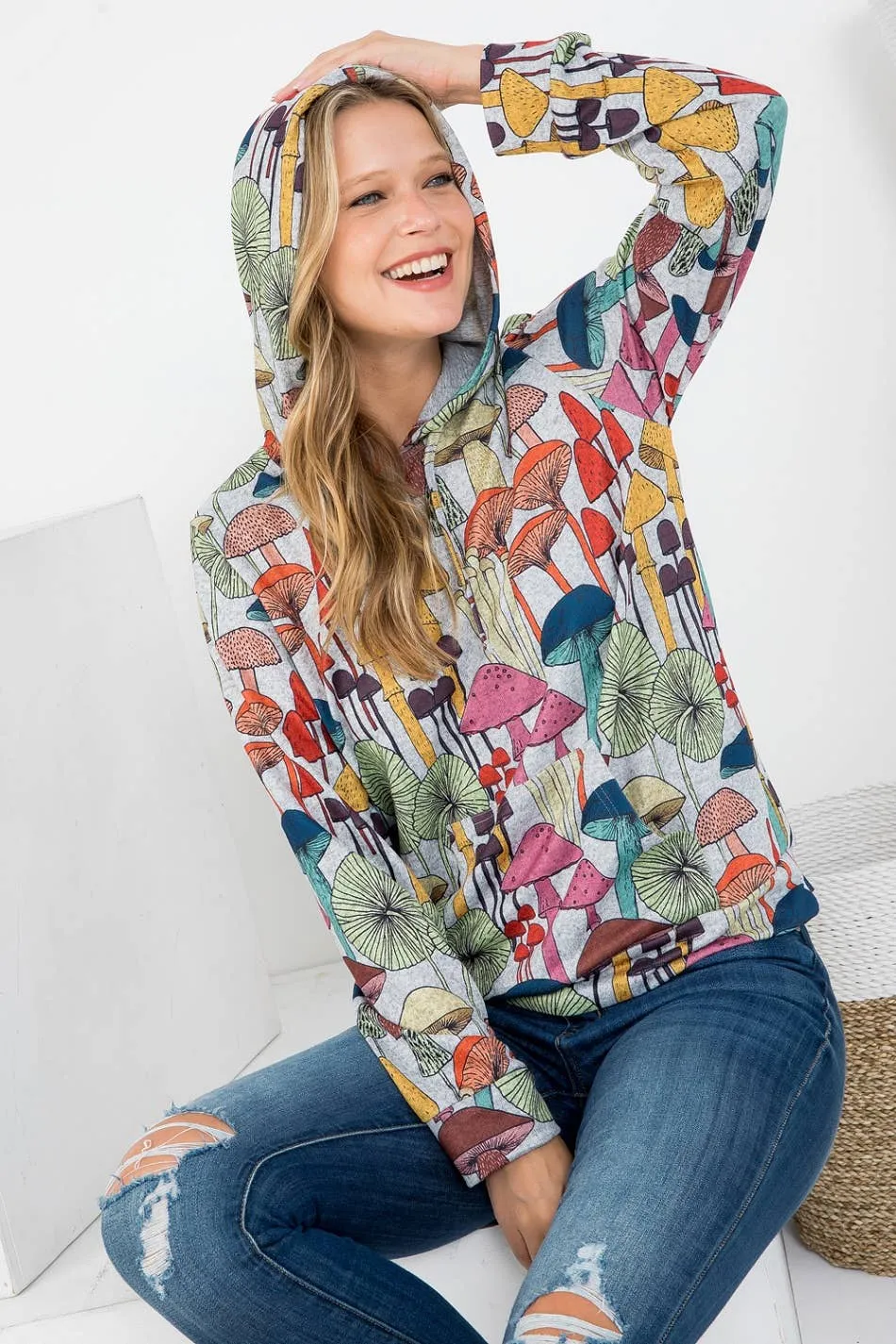 Whimsical Mushroom Print Hoodie with Pocket: MEDIUM