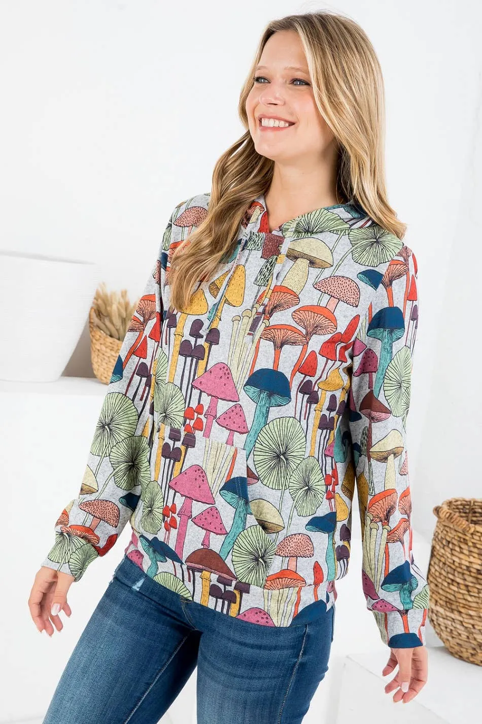 Whimsical Mushroom Print Hoodie with Pocket: MEDIUM