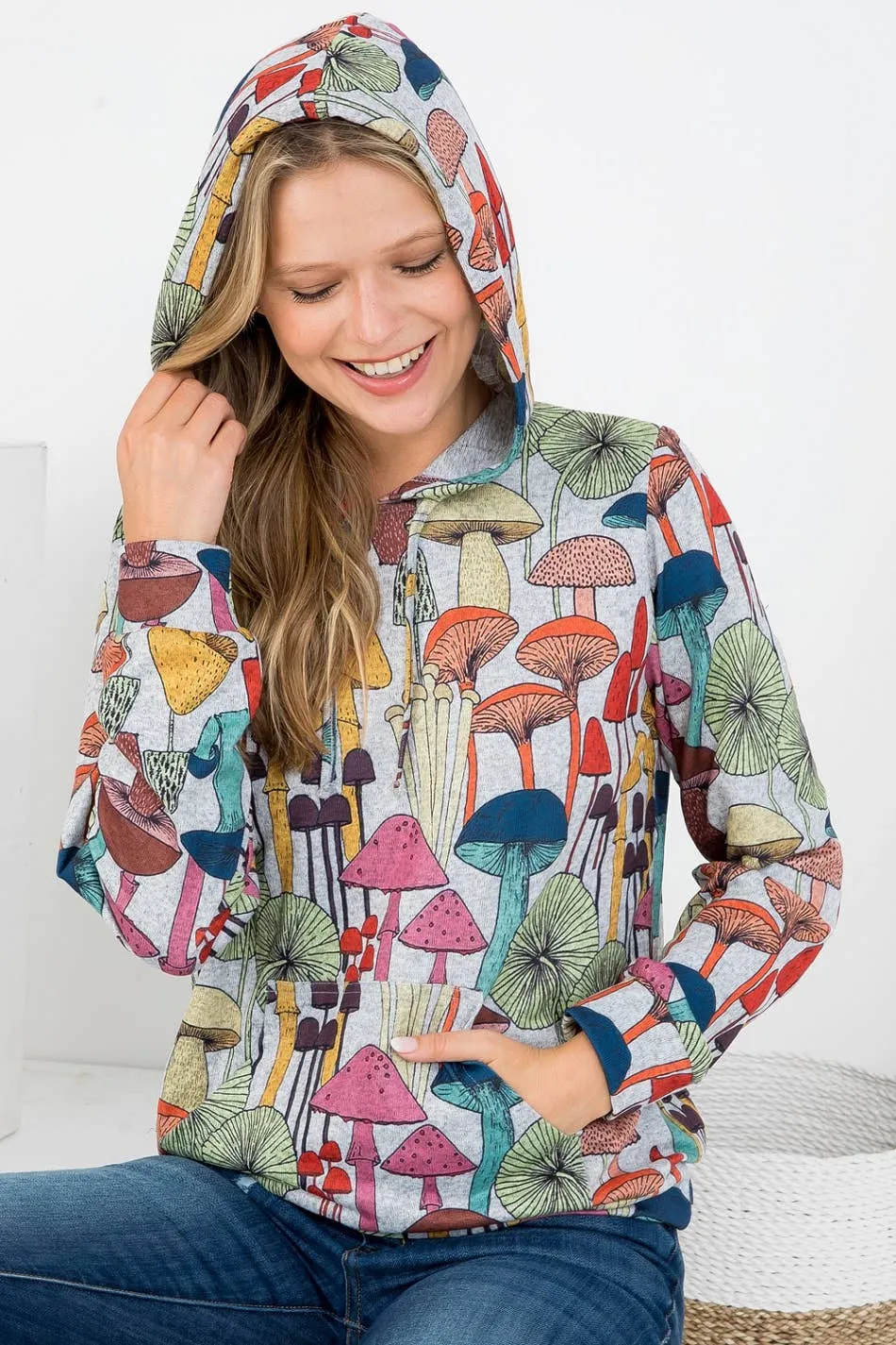 Whimsical Mushroom Print Hoodie with Pocket: MEDIUM