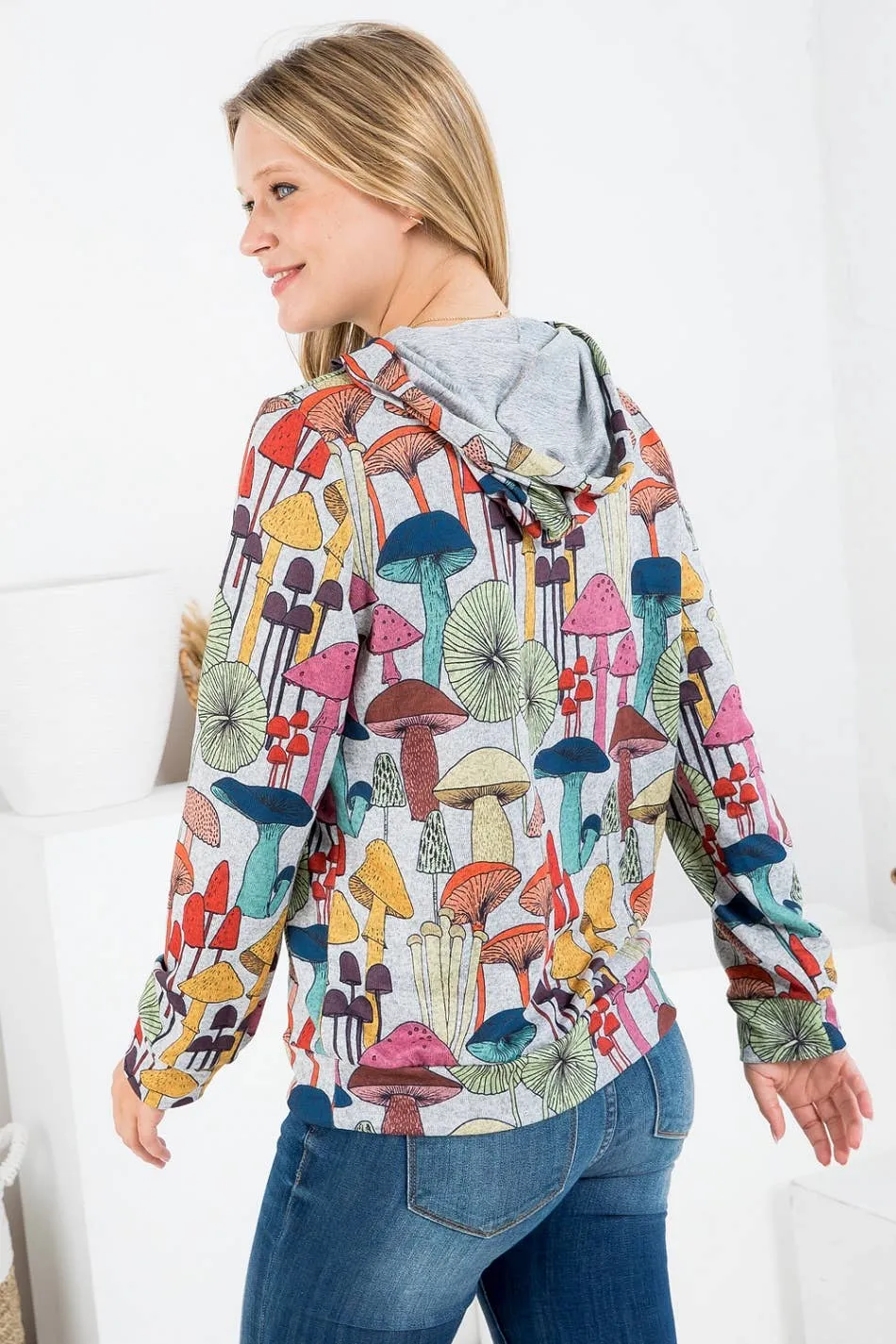 Whimsical Mushroom Print Hoodie with Pocket: MEDIUM