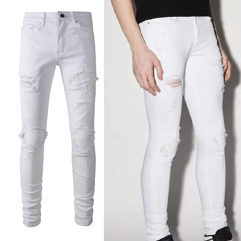 White Patch With Holes In Elastic Small Leg Jeans For Men