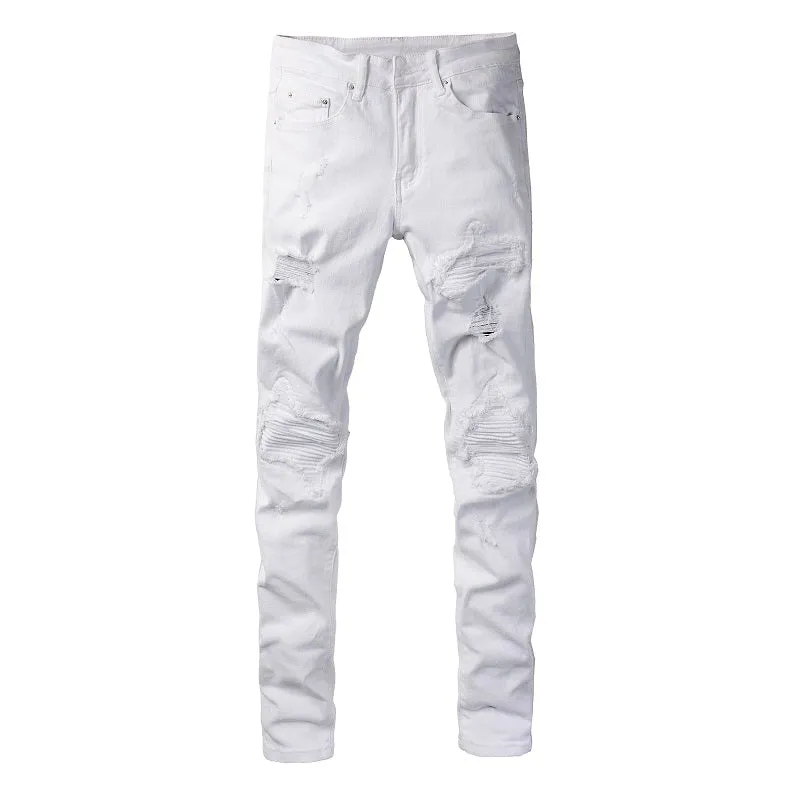 White Patch With Holes In Elastic Small Leg Jeans For Men