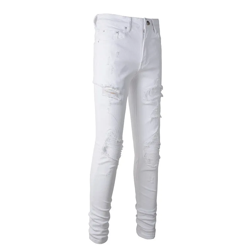 White Patch With Holes In Elastic Small Leg Jeans For Men