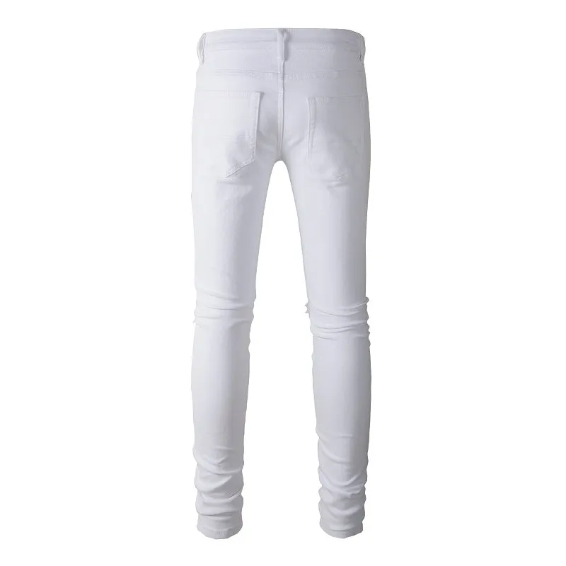 White Patch With Holes In Elastic Small Leg Jeans For Men