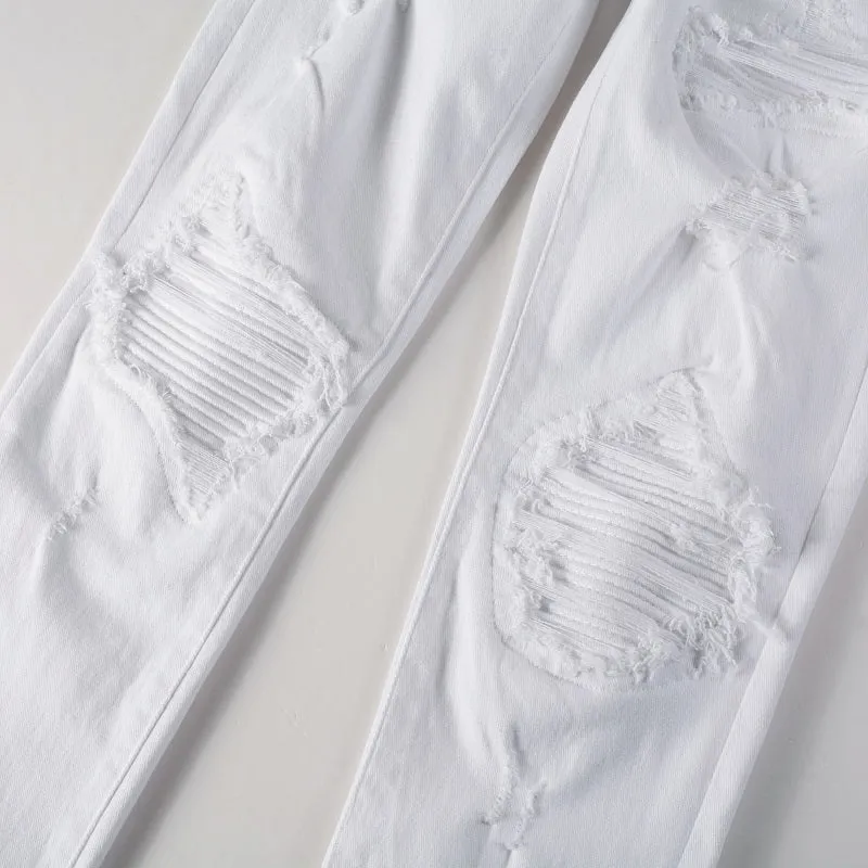 White Patch With Holes In Elastic Small Leg Jeans For Men