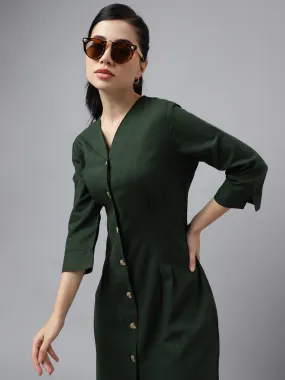 Women Bottle Green V Neck Pleated Solid Lyocell Linen Look A Line Midi Formal Dress