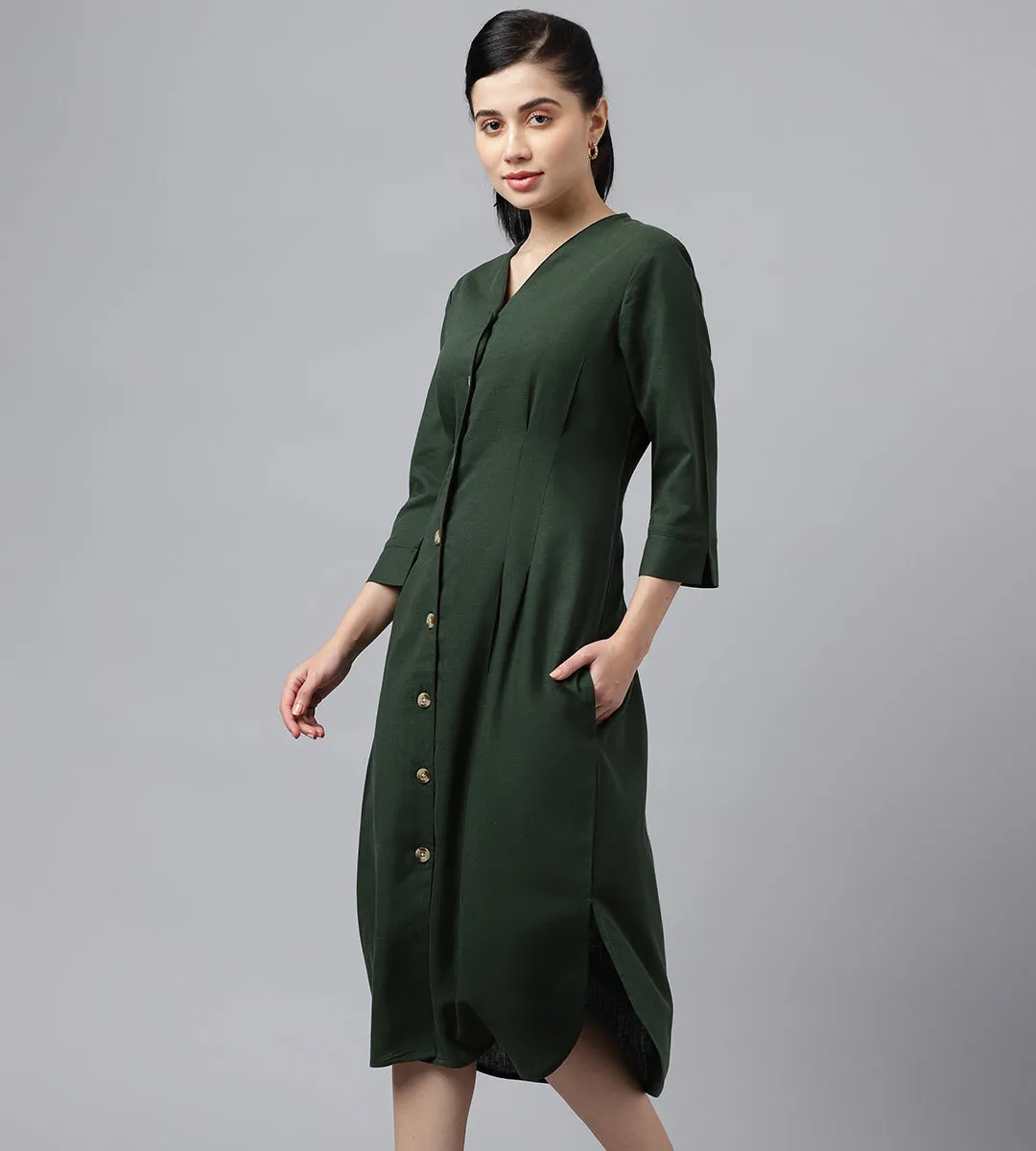 Women Bottle Green V Neck Pleated Solid Lyocell Linen Look A Line Midi Formal Dress