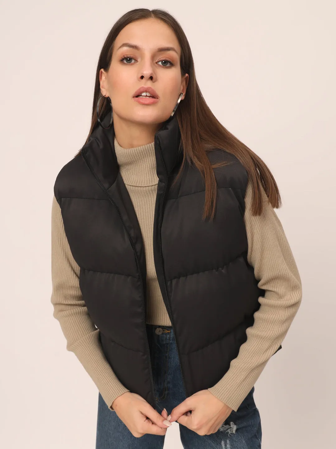 Women Puff Jacket-Black WITH POCKETS