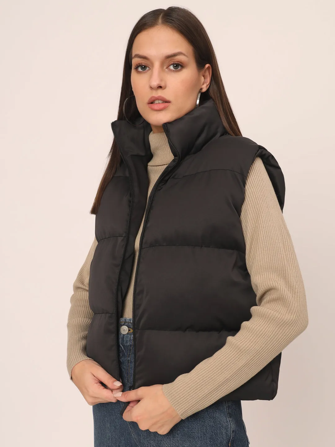 Women Puff Jacket-Black WITH POCKETS