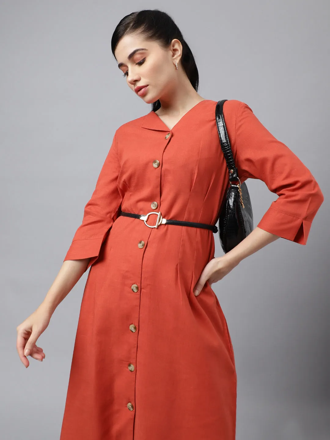 Women Rust V Neck Pleated Solid Lyocell Linen Look A Line Midi Formal Dress