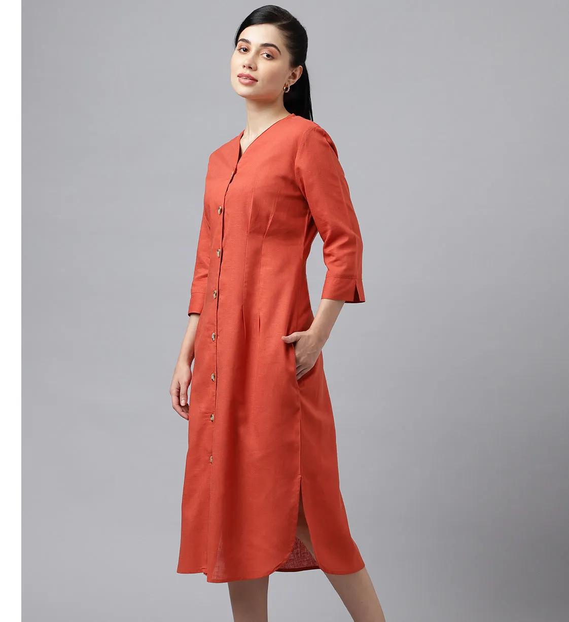 Women Rust V Neck Pleated Solid Lyocell Linen Look A Line Midi Formal Dress