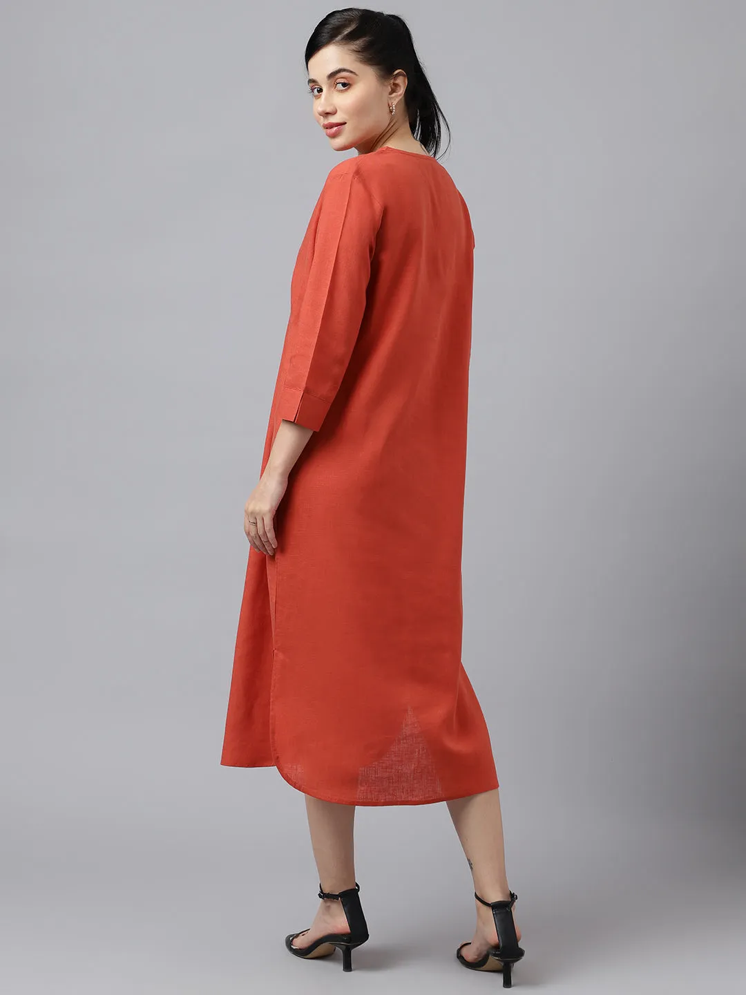 Women Rust V Neck Pleated Solid Lyocell Linen Look A Line Midi Formal Dress