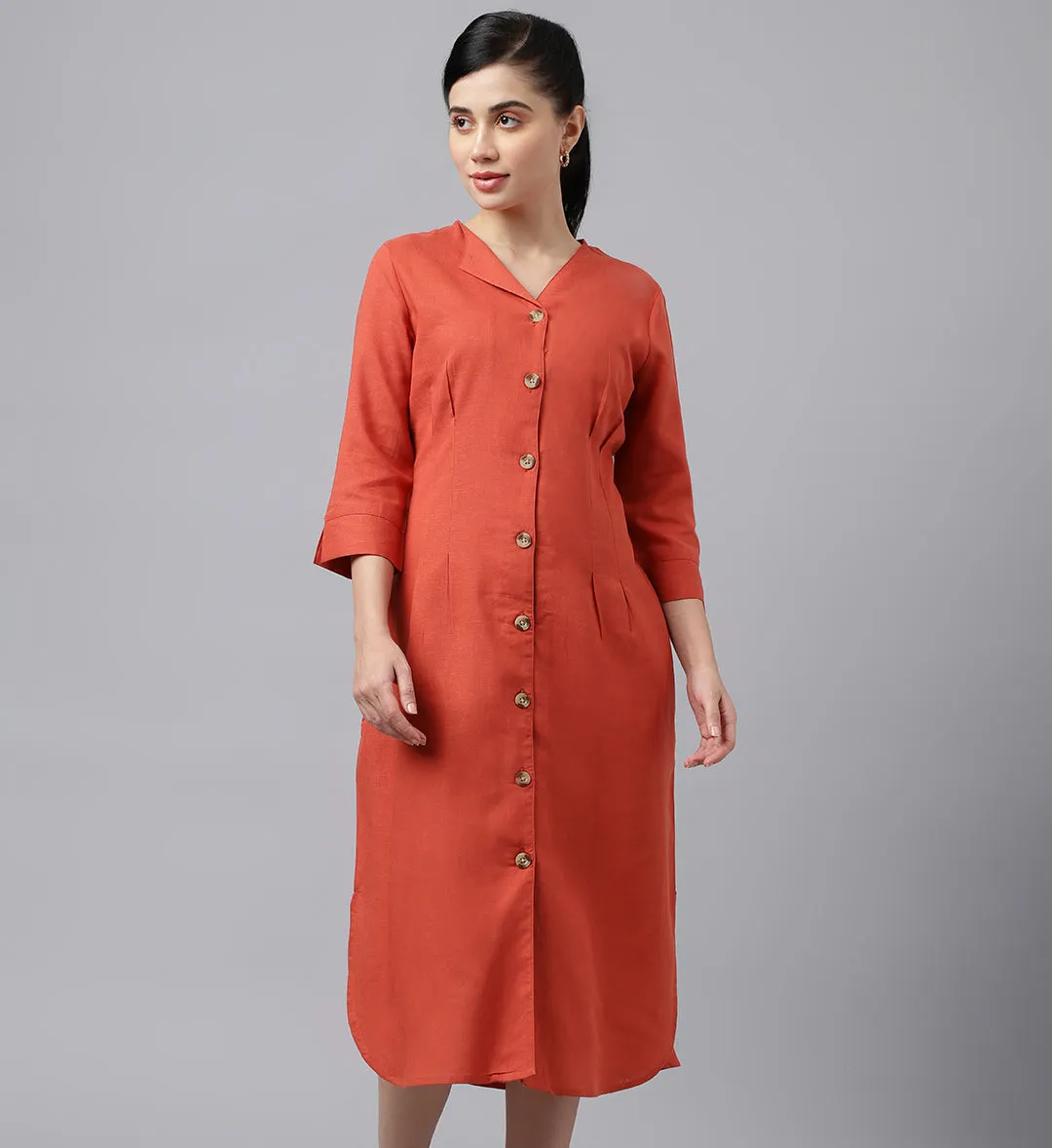 Women Rust V Neck Pleated Solid Lyocell Linen Look A Line Midi Formal Dress