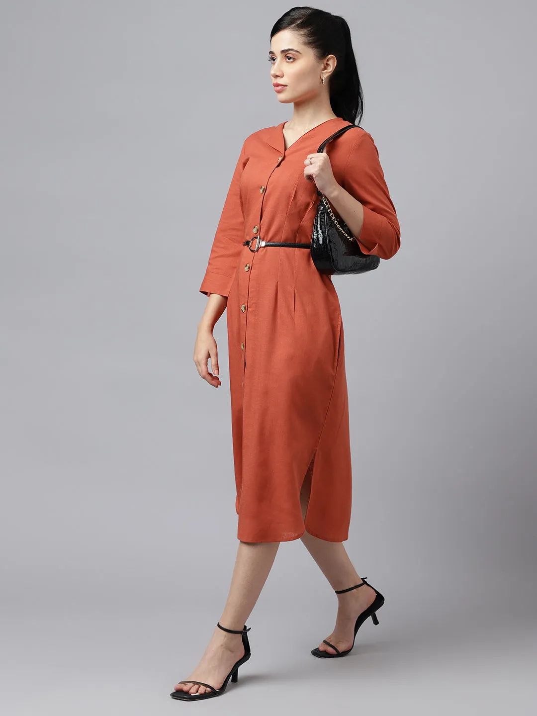 Women Rust V Neck Pleated Solid Lyocell Linen Look A Line Midi Formal Dress