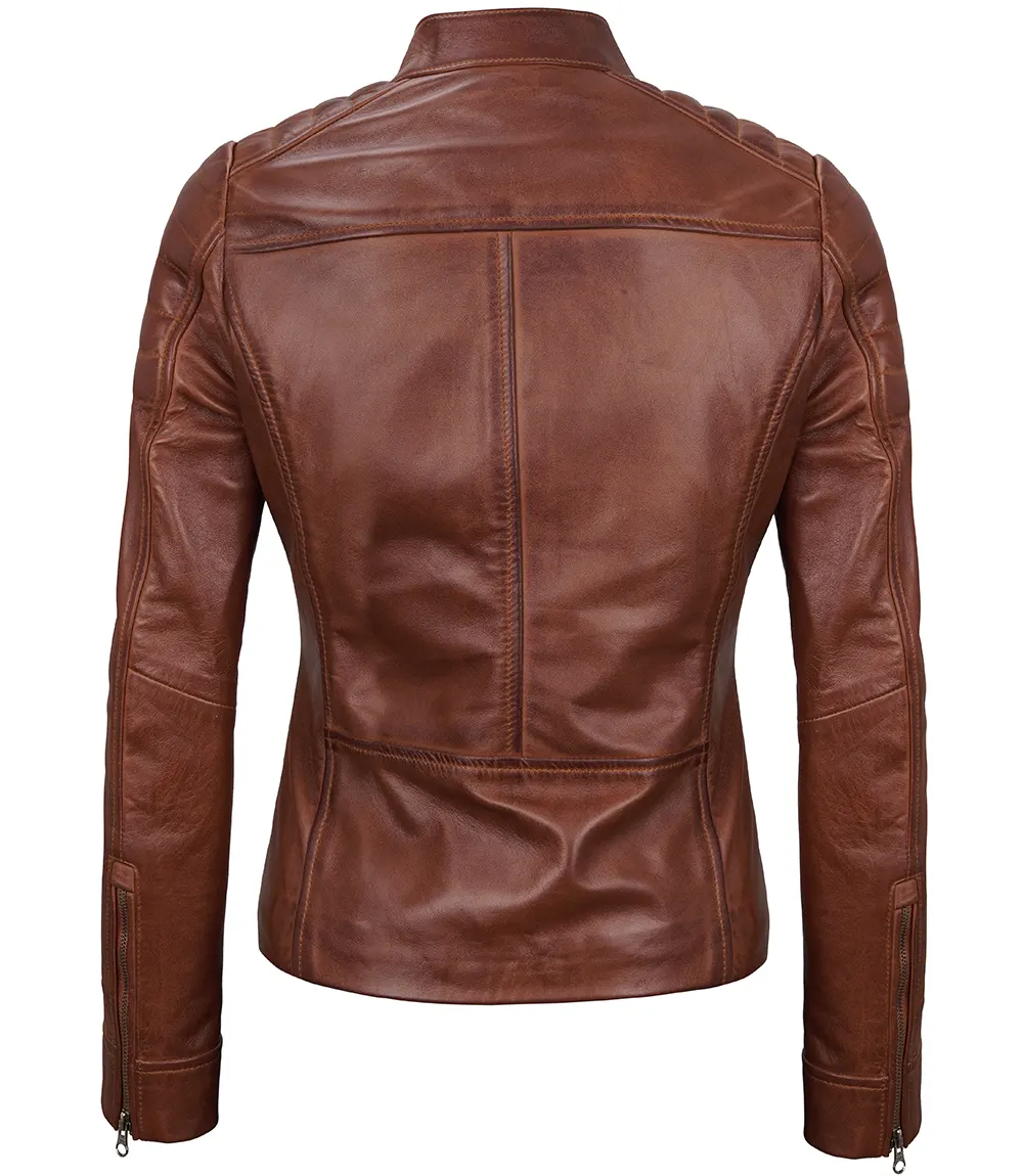 Women's Cognac Brown Cafe Racer Leather Biker Jacket