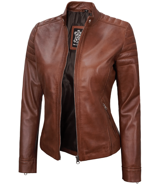 Women's Cognac Brown Cafe Racer Leather Biker Jacket